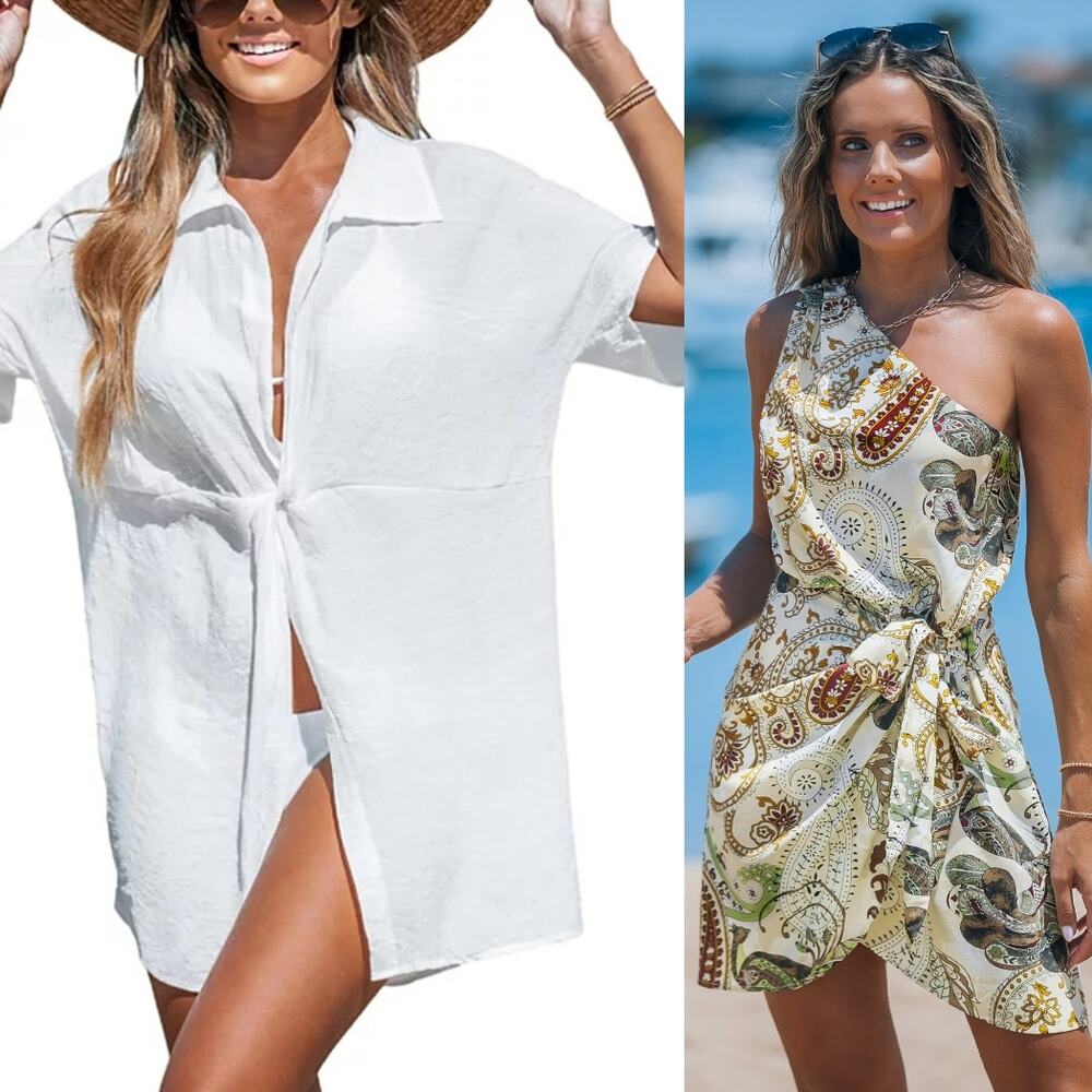 NWT Cupshe Cover Up - Paisley One-Shoulder  & Plunging Twist Vacay Bundle Sz M